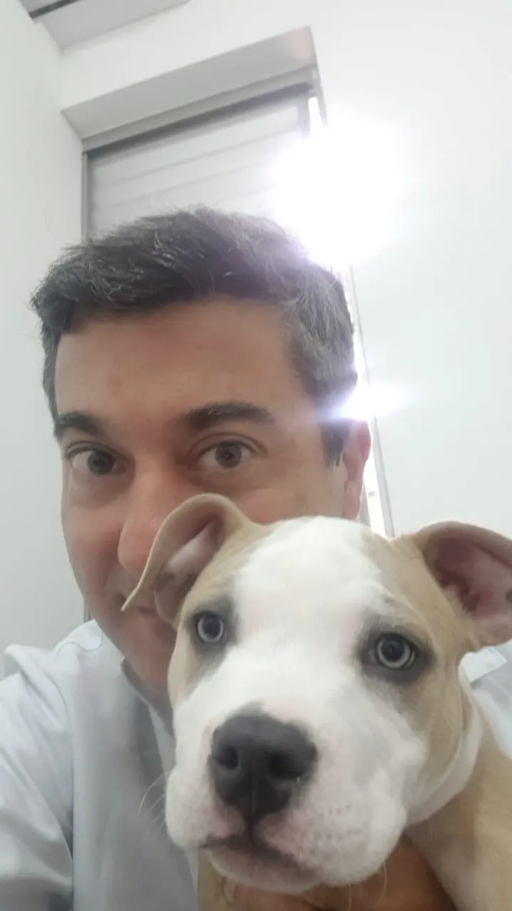Tutor com cachorro de pelo claro no colo